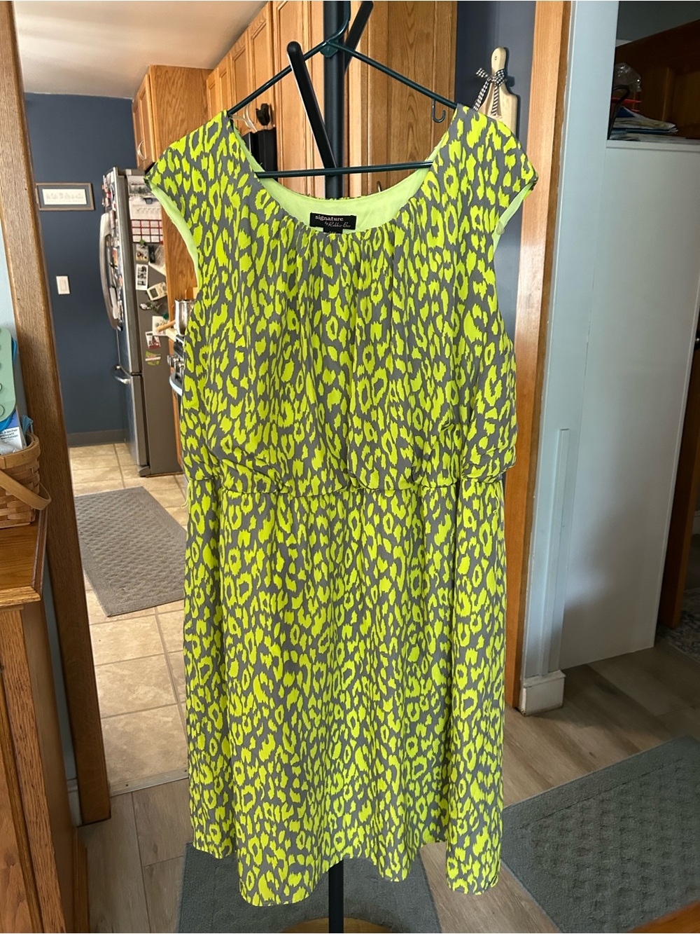 Signature by Robbie Bee Neon Yellow & Gray Animal-Print Midi Dress